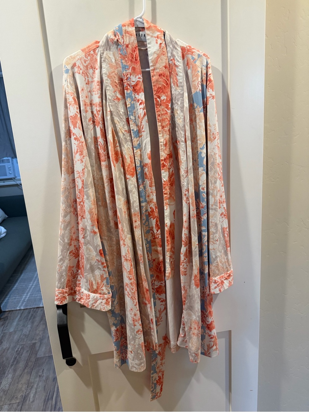 Floral Open-Front Kimono Robe in Coral and Pale Blue